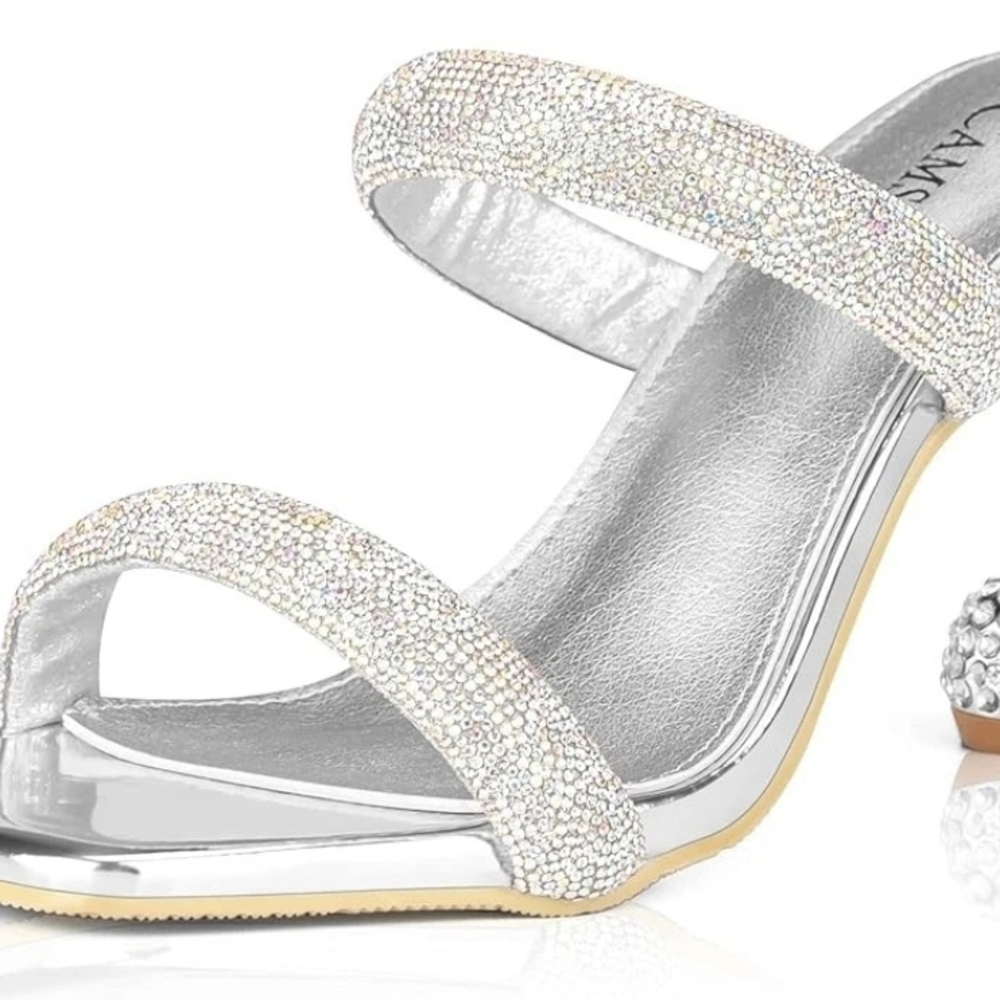 CAMSSOO Women's Elegant Silver Rhinestone Heeled Slippers for Special Occasions